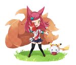  academy_ahri animal_ears bangs black_legwear breasts cellphone chibi cosplay fox_ears fox_tail gen_1_pokemon hair_ornament hairclip heart heart_hair_ornament kakip large_breasts league_of_legends long_hair looking_at_viewer multiple_tails necktie one_eye_closed open_mouth phone pikachu pikachu_(cosplay) poke_ball red_hair red_neckwear school_uniform skirt solo tail thighhighs whisker_markings yellow_eyes 