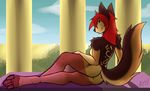  anthro bed breasts butt canine female fur hair jackal looking_at_viewer looking_back mammal nude rt001 side_boob smile solo 