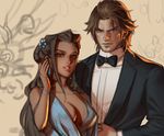  1girl ana_(overwatch) breasts brown_hair captain_amari dark_skin et.m eyepatch facial_tattoo formal hair_ornament hat large_breasts long_hair looking_at_viewer mccree_(overwatch) mission:_impossible overwatch smile suit tattoo younger 