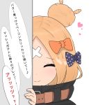  1girl ^_^ abigail_williams_(fate/grand_order) atsumisu bangs belt belt_buckle black_jacket blonde_hair blush bow brown_belt buckle closed_eyes closed_mouth crossed_bandaids eyebrows_visible_through_hair eyes_closed facing_viewer fate/grand_order fate_(series) hair_bow hair_bun hand_up heart highres jacket orange_bow parted_bangs peeking_out polka_dot polka_dot_bow portrait purple_bow simple_background smile solo translation_request white_background 