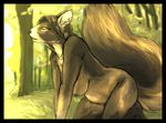 amber_eyes anthro breasts ear_piercing elfantastico female grey_hair hair jewelry mammal necklace nipples nude piercing rodent side_boob solo squirrel tree 