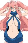  blue_eyes blush breasts covered_nipples double_w grin large_breasts long_hair looking_at_viewer meme_attire navel original pink_hair simple_background smile solo teeth twintails virgin_killer_sweater w white_background yanagida_fumita 