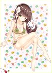  ;) absurdres bangs bare_legs barefoot blunt_bangs blush border bow bow_bra bra breasts brown_hair cherry cleavage closed_mouth collarbone commentary_request crossed_legs eyebrows_visible_through_hair flower food fork fruit full_body gochuumon_wa_usagi_desu_ka? green_border green_bow green_bra green_eyes green_panties hair_flower hair_ornament heart highres large_breasts long_hair looking_at_viewer macaron nanakusa_amane one_eye_closed outline panties polka_dot polka_dot_background purple_bow sidelocks smile solo star stomach sweets_lingerie ujimatsu_chiya underwear underwear_only white_outline 