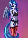  anthro blue_background blue_hair blue_tail bra breasts clothed clothing equine fafecalus feathered_wings feathers female friendship_is_magic hair highs invalid_tag legwear long_hair mammal my_little_pony pegasus portrait red_stockings simple_background solo standing stockings three-quarter_portrait underwear wings 