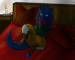  anthro bed blue_fur clothed clothing female fur horn kobold pillow signet solo spread_legs spreading tagme vaessi_(signet) 