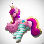  anus clitoris clothing crown cutie_mark derpah equine feathered_wings feathers female feral friendship_is_magic fur hair horn horse legwear looking_at_viewer lying mammal multicolored_hair my_little_pony pink_fur princess_cadance_(mlp) purple_eyes pussy socks solo tongue tongue_out winged_unicorn wings 