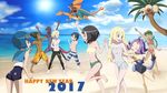  2017 acerola_(pokemon) alolan_exeggutor beach bikini charizard cloud day female_protagonist_(pokemon_sm) flying gladio_(pokemon) hau_(pokemon) highres kaki_(pokemon) lillie_(pokemon) male_protagonist_(pokemon_sm) mao_(pokemon) ocean one-piece_swimsuit pokemon pokemon_(game) pokemon_sm pose salamence sand sky suiren_(pokemon) sun swimsuit topless 