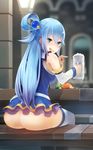  alcohol amekosame aqua_(konosuba) ass bare_shoulders beer_mug blue_eyes blue_hair blush commentary_request cup drooling drunk foam food from_behind hair_ornament hair_rings holding holding_cup kono_subarashii_sekai_ni_shukufuku_wo! long_hair looking_at_viewer looking_back open_mouth pleated_skirt pointing see-through shadow sitting skirt smile solo table thighhighs very_long_hair 
