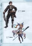  1boy 1girl absurdres arm_guards armor armored_boots bangs black_legwear blonde_hair blue_eyes boots breastplate brown_eyes brown_gloves brown_hair character_name closed_mouth dress facial_hair full_body gloves gradient gradient_hair granblue_fantasy green_hair hair_ornament highres holding io_euclase juliet_sleeves knee_pads long_hair long_sleeves looking_at_viewer minaba_hideo multicolored_hair official_art page_number pants parted_lips polearm puffy_sleeves rackam_(granblue_fantasy) red_hair scan short_hair shorts shorts_under_dress shoulder_armor simple_background smile solo standing thighhighs twintails velt weapon 