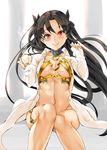  black_hair bottomless breasts cup earrings fate/grand_order fate_(series) hair_ribbon hoop_earrings ishtar_(fate/grand_order) jewelry knees_together_feet_apart long_hair long_legs looking_at_viewer medium_breasts navel open_clothes open_shirt red_eyes ribbon shirt sitting smile solo twintails usyuuri white_shirt 