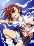  blue_background blue_skirt brown_eyes brown_hair brown_sweater collared_shirt commentary_request electricity emblem funnyari grimace hair_ornament hairpin looking_to_the_side loose_socks miniskirt misaka_mikoto pleated_skirt school_uniform shirt shorts shorts_under_skirt skirt socks solo sweater sweater_vest to_aru_kagaku_no_railgun to_aru_majutsu_no_index white_legwear white_shirt white_shorts 