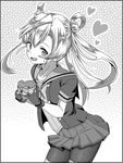  abukuma_(kantai_collection) bike_shorts blush bow box commentary_request gift gift_box gloves greyscale hair_rings heart heart-shaped_box holding holding_gift kantai_collection long_hair looking_at_viewer monochrome open_mouth partly_fingerless_gloves pleated_skirt polka_dot_ribbon sailor_collar school_uniform shino_(ponjiyuusu) short_sleeves shorts shorts_under_skirt skirt smile solo sweat twintails 