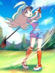  :o blue_eyes blue_hair blue_sky breasts cloud collared_shirt day elite_four full_body golf golf_club gonzarez grass hill kahili_(pokemon) kneehighs legs long_hair looking_afar mole mole_under_eye open_mouth outdoors pokemon pokemon_(game) pokemon_sm shirt shoes short_sleeves shorts shorts_under_skirt skirt sky small_breasts solo swing tree visor_cap 