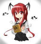  :o armband bat_wings black_dress blush book chestnut_mouth collared_shirt commentary_request dress eyebrows_visible_through_hair eyes_visible_through_hair hair_between_eyes head_wings highres holding holding_book koakuma long_hair long_sleeves looking_at_viewer pentagram red_eyes red_hair shirt sidelocks simple_background slit_pupils solo touhou translation_request upper_body usayoshi_(touhopu2) vignetting white_background white_shirt wings 