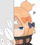  1girl :t abigail_williams_(fate/grand_order) atsumisu bangs belt belt_buckle black_jacket blonde_hair blue_eyes bow brown_belt buckle closed_mouth commentary_request crossed_bandaids eyebrows_visible_through_hair fate/grand_order fate_(series) hair_bow hair_bun hand_up highres jacket looking_at_viewer orange_bow parted_bangs peeking_out polka_dot polka_dot_bow portrait pout purple_bow simple_background solo squiggle translation_request white_background 