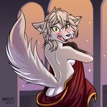  anthro armpits black_fur blush breasts butt canine cloak clothed clothing clovis_(twokinds) covering covering_self crossgender embarrassed female fox fur hair heresy_(artist) hi_res hybrid keidran looking_at_viewer mammal notched_ear open_mouth partially_clothed red_eyes side_boob solo surprise teeth tongue twokinds undressing white_fur white_hair wolf yellow_sclera 