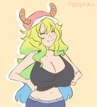 4_fingers amber_eyes animated antlers big_breasts blonde_hair blue_hair blush breasts cleavage clothed clothing female flashing green_eyes green_hair green_nipples hair hat heterochromia horn huge_breasts humanoid midriff miss_kobayashi&#039;s_dragon_maid multicolored_hair navel nipples pants quetzalcoatl red_nipples simple_background smile standing tan_background vjuego 
