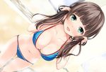  :d bangs bathroom bathtub bikini blue_bikini blunt_bangs blush breasts brown_hair cleavage collarbone dutch_angle foreshortening green_eyes highres holding holding_hair indoors long_hair looking_at_viewer medium_breasts navel open_mouth original smile solo steam swimsuit twintails unasaka_ryou wet wet_hair 