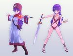  bag breasts cleavage dragon_quest dragon_quest_ii dress full_body holding hood long_hair long_sleeves medium_breasts open_mouth princess_of_moonbrook purple_eyes purple_hair satchel smile solo staff tamago_tomato 