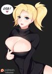  areola_slip areolae artist_name black_panties black_sweater blonde_hair blue_eyes breasts casual center_opening cleavage_cutout clothes_pull english grey_background hair_tie heart large_breasts long_hair long_sleeves looking_at_viewer meme_attire mercy_(overwatch) open-chest_sweater overwatch panties parted_lips patreon_logo patreon_username ribbed_sweater signature simple_background smile solo speech_bubble sweater sweater_pull tofuubear turtleneck underwear upper_body watermark 