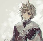  bad_id bad_pixiv_id blonde_hair blue_eyes coat final_fantasy final_fantasy_xv gloves isakawa_megumi looking_at_viewer male_focus prompto_argentum signature smile snowing solo spiked_hair sweater winter_clothes 