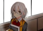  alternate_hairstyle androgynous bespectacled book fate/grand_order fate_(series) glasses hallway highres olga_marie_animusphere solo uniform white_hair window yellow_eyes yuge_(yuge_bakuhatsu) 