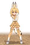  animal_ears bare_shoulders blonde_hair blush bow bowtie cat_ears elbow_gloves eyebrows_visible_through_hair full_body gloves hands_clasped interlocked_fingers kemono_friends legs_apart looking_at_viewer own_hands_together serval_(kemono_friends) serval_ears serval_print serval_tail short_hair simple_background skirt sleeveless smile solo standing tail thighhighs washu_junkyu yellow_eyes zettai_ryouiki 