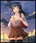  :d arios_(orochi_yuta) bag bangs black_border black_legwear blue_hair blush border breasts cloud dusk hair_bun hand_on_own_chest handbag holding_strap long_hair looking_at_viewer love_live! love_live!_sunshine!! medium_breasts open_mouth purple_eyes side_bun skirt smile solo suspender_skirt suspenders sweater thighhighs tsushima_yoshiko twilight zettai_ryouiki 