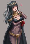  athenawyrm black_hair bodystocking box breasts cape chocolate chocolate_on_breasts cleavage fire_emblem fire_emblem:_kakusei heart heart-shaped_box heart-shaped_pupils large_breasts long_hair looking_at_viewer purple_eyes solo symbol-shaped_pupils tharja tiara 