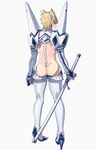  arms_at_sides ass back bad_id bad_pixiv_id bare_back blonde_hair blue_footwear blush boots cosplay earrings from_behind full_body gloves headgear high_collar high_heels holding holding_sword holding_weapon jack_atlas jewelry junketsu kill_la_kill kiryuuin_satsuki kiryuuin_satsuki_(cosplay) legs_apart looking_at_viewer male_focus pauldrons pigeon-toed profile revealing_clothes sheath sheathed sidelocks sideways_glance simple_background solo spine sword thigh_boots thighhighs thong torinomaruyaki weapon white_background white_gloves white_legwear yuu-gi-ou yuu-gi-ou_5d's 