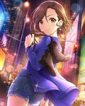  artist_request bracelet brown_eyes brown_hair city cityscape earrings idolmaster idolmaster_cinderella_girls jewelry looking_at_viewer mizuki_seira night night_sky official_art shoes short_hair shorts sky smile solo sweater wind wind_lift 