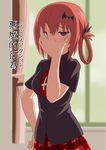  bat_hair_ornament blurry blurry_background blush checkered checkered_skirt chuunibyou commentary_request cross_of_saint_peter derivative_work empty_eyes gabriel_dropout hair_ornament hand_on_own_face knives_(knives777) kurumizawa_satanichia_mcdowell looking_at_viewer md5_mismatch necktie pleated_skirt pose red_eyes red_hair screencap_redraw shirt short_sleeves skirt solo translated 