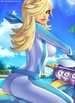  absurdres arched_back ass back blonde_hair blue_eyes blue_sky bodysuit breasts carlos_javier cloud cloudy_sky dated day deviantart_username driving earrings from_side gloves ground_vehicle hair_over_one_eye highres jewelry large_breasts lips long_hair looking_at_viewer mario_(series) mario_kart motor_vehicle motorcycle outdoors palm_tree parted_lips racing_suit rosetta_(mario) signature skin_tight sky smile solo star super_mario_bros. super_mario_galaxy tree water watermark web_address 