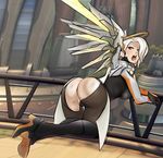  all_fours anus artist_request ass black_legwear blue_eyes bodysuit breasts bruise crossed_ankles eyebrows highres injury looking_back mechanical_halo mechanical_wings mercy_(overwatch) no_panties open_mouth overwatch pantyhose pussy railing solo spanked spread_wings torn_bodysuit torn_clothes torn_legwear uncensored white_hair wings yellow_wings 