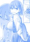  ;) ai-chan_(tawawa) apron blue blush braid breasts buttons commentary cookie finger_to_mouth food getsuyoubi_no_tawawa gift_bag himura_kiseki koubeya_uniform large_breasts looking_at_viewer monochrome one_eye_closed open_mouth plaid short_hair shushing side_braid skirt smile solo tray uniform valentine waitress 