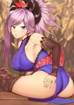  armpits ass autumn autumn_leaves bangs bare_shoulders black_legwear blue_eyes blurry blush breasts closed_mouth deep_skin depth_of_field detached_sleeves earrings eyebrows_visible_through_hair eyelashes falling_leaves fate/grand_order fate_(series) fingernails floral_print from_behind hair_ornament hand_on_own_thigh high_ponytail highres hip_bones japanese_clothes jewelry k_jin kimono large_breasts leaf leaning_forward looking_at_viewer looking_back miyamoto_musashi_(fate/grand_order) obi outdoors pelvic_curtain ponytail purple_hair sash sideboob signature sleeveless solo swept_bangs thighhighs 