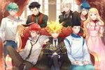  6+boys alaudi aqua_hair asari_ugetsu black_eyes black_gloves black_hair blonde_hair blue_eyes blue_hair couch daemon_spade dress ekita_xuan elena_(reborn) g_(reborn) giotto gloves hat highres japanese_clothes jewelry katekyo_hitman_reborn! knuckle lampo long_hair multiple_boys necktie one_eye_closed orange_eyes priest red_eyes red_hair ring sitting 