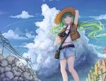  arm_up belt bird camera cloud day denim denim_shorts fence flower green_eyes green_hair hat hatsune_miku light_smile long_hair midriff outdoors plipa power_lines shorts sky solo sun_hat twintails vocaloid wooden_fence 