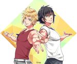  armband artist_name black_hair blonde_hair blue_eyes casual diamond_(shape) final_fantasy final_fantasy_xv freckles hinoe_(dd_works) looking_at_viewer male_focus multiple_boys noctis_lucis_caelum open_mouth outstretched_arms prompto_argentum red_shirt shirt signature symmetry t-shirt tank_top white_shirt 