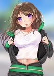  :o ahoge bangs belly_peek black_jacket blurry blush breasts brown_hair collarbone crop_top day depth_of_field dripping eyebrows_visible_through_hair fingernails jacket komazuki_(komaworks240) long_hair long_sleeves medium_breasts nail_polish navel off_shoulder open_clothes open_jacket original outdoors pink_nails purple_eyes shirt solo sportswear sweat tank_top track_jacket unaligned_breasts unzipped upper_body wet wet_clothes wet_shirt 