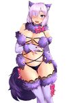  :o absurdres animal_ears bikini bow breasts cleavage cross-laced_clothes dangerous_beast elbow_gloves eyebrows_visible_through_hair fang fate/grand_order fate_(series) fur_trim gloves hair_over_one_eye highres lace lace-trimmed_thighhighs large_breasts looking_at_viewer mash_kyrielight navel nekoguchi open_clothes purple_eyes purple_gloves purple_hair purple_legwear shiny shiny_skin short_hair simple_background solo sweatdrop swimsuit tail thigh_gap thighhighs wavy_mouth white_background 