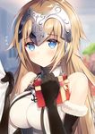  bare_shoulders black_gloves blonde_hair blue_eyes blurry blush breasts chain closed_mouth clothes_grab cross depth_of_field elbow_gloves eyebrows_visible_through_hair eyelashes fate/grand_order fate_(series) flower flying_sweatdrops fur_trim gift gloves gorget headpiece heart highres holding holding_gift jeanne_d'arc_(fate) jeanne_d'arc_(fate)_(all) large_breasts lens_flare light_particles long_hair motion_lines necomi ribbon shiny shiny_hair sleeveless solo_focus upper_body valentine yellow_ribbon 