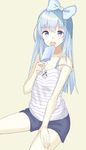  :o aquna bangs beige_background blue_bow blue_eyes blue_hair bow breasts camisole collarbone eyebrows_visible_through_hair food hair_bow hand_on_own_thigh long_hair looking_at_viewer open_mouth original popsicle simple_background sitting small_breasts solo strap_slip teeth 
