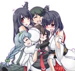  &gt;_&lt; arm_warmers bare_shoulders black_serafuku blush braid closed_eyes commentary detached_sleeves embarrassed fusou_(kantai_collection) girl_sandwich hair_ornament hair_over_shoulder hairband headgear hug kantai_collection kuon_(nokokopopo) long_hair long_sleeves mogami_(kantai_collection) multiple_girls nontraditional_miko obi open_mouth pleated_skirt red_eyes ribbon sandwiched sash school_uniform serafuku shigure_(kantai_collection) shirt short_hair silver_hair single_braid skirt smile suspenders twintails white_shirt yamagumo_(kantai_collection) yamashiro_(kantai_collection) 