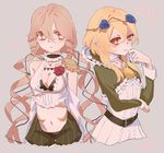  2girls arm_up arms_behind_back bangs belt black_bra black_panties blonde_hair blue_flower blue_rose blush bra breasts buckle cleavage cranberry_(mahoiku) drill_hair elf finger_to_chin flower grey_background hair_between_eyes hair_flower hair_ornament light_brown_hair light_smile long_hair long_sleeves looking_at_another looking_at_viewer looking_to_the_side mahou_shoujo_ikusei_keikaku mahou_shoujo_ikusei_keikaku_restart mahou_shoujo_ikusei_keikaku_unmarked medium_breasts melville multiple_girls navel panties pink_eyes pointy_ears red_flower red_rose rose short_hair side-by-side simple_background sleeveless smile symbol-shaped_pupils translation_request twin_drills underwear very_long_hair zaonyan 