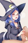  1girl blue_hair blush breasts choker cleavage glasses handjob hat hetero kippuru large_breasts little_witch_academia open_mouth penis precum red_eyes ursula_charistes witch witch_hat 