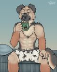  2016 anthro beverage boxers_(clothing) bulge canine clothed clothing coffee dog eyewear fur glasses green_eyes lunar_epitaph male mammal morning one_eye_closed simple_background solo tan_fur topless underwear 