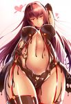  arm_behind_head breasts chocolate chocolate_clothes chocolate_covered chocolate_heart chocolate_on_breasts commentary_request fate/grand_order fate_(series) garter_straps gradient gradient_background hair_between_eyes hand_on_own_stomach heart large_breasts long_hair looking_at_viewer looking_down navel pink_background purple_hair red_eyes scathach_(fate)_(all) scathach_(fate/grand_order) smile solo thighhighs underbust zukky 
