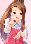  animal_print apron breasts brown_eyes brown_hair bunny_print buttons chocolate collared_shirt dress_shirt eyebrows_visible_through_hair feeding fingernails food hair_ornament hair_scrunchie holding holding_food idolmaster idolmaster_(classic) idolmaster_2 long_hair long_sleeves looking_at_viewer minase_iori miri_(ago550421) open_hand open_mouth outstretched_arm pink_apron pink_background polearm polka_dot polka_dot_scrunchie ponytail pov_feeding red_eyes scrunchie shirt simple_background small_breasts solo spread_fingers upper_body valentine very_long_hair weapon white_shirt 