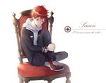  bandaid bandaid_on_face chair ekita_xuan highres hood hoodie katekyo_hitman_reborn! kozato_enma male_focus red_eyes red_hair school_uniform solo white_background 